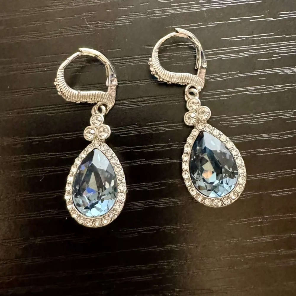 Givenchy Drop Earrings Blue French Wire Silver Tone Teardrop Pear